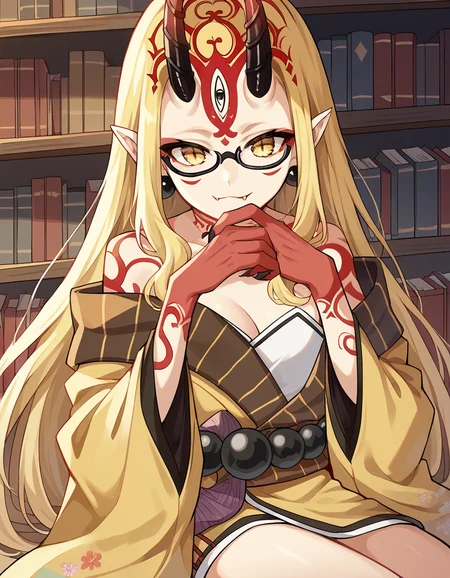 score_9, score_8_up, score_7_up, source_anime, <lora:fgo-ibaraki-douji-ponyxl-lora-nochekaiser:1>, ibaraki douji, blonde hair, facial mark, fang, forehead, horns, long hair, oni, oni horns, pointy ears, yellow eyes,, earrings, japanese clothes, jewelry, kimono, leg tattoo, neck tattoo, oni, oni horns, shoulder tattoo, tattoo, yellow kimono,, library, reading books, glasses, quiet, focused, shelves of books, smile, , hand resting on chin, solo,, cowboy shot, dutch angle
