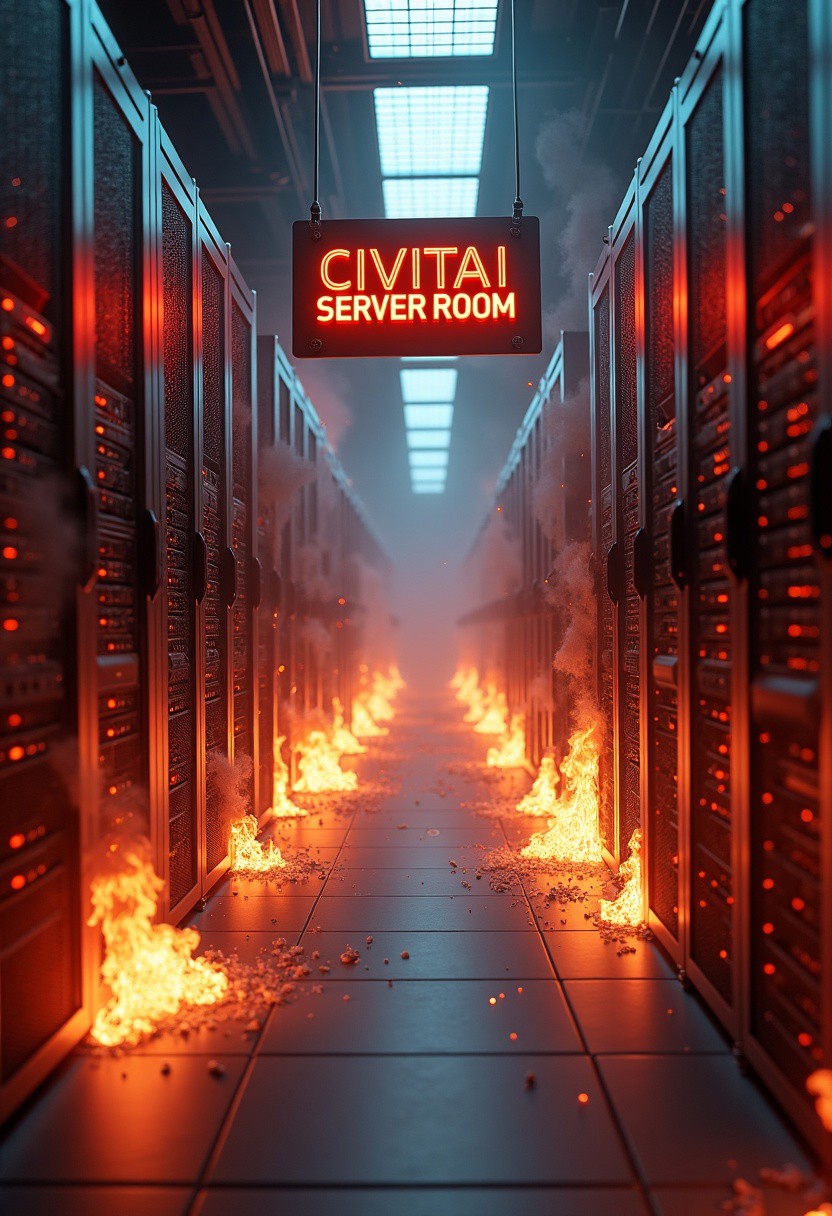Create a hyper-realistic image of a state of the art server room with rows and rows of servers which are on fire and smoking with electrical arcing. Hanging from the ceiling is a sign that says "CIVITAI SERVER ROOM".
 highest-Quality, 8k, intricate details, visually stunning, Masterpiece.
