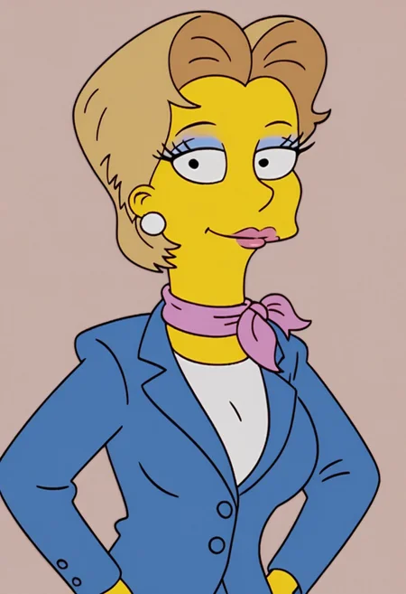 ((bedroom background)),score_9, score_8_up, score_7_up,score_6_up, 
1girl, solo, Chloe_TS, yellow skin, black eyes, dark blonde hair, short voluminous hair, hairsyle elegant, pink lipstick, white pearl earrings, lilac eyeshadow, pink scarf, blue formal jacket, blue formal skirt, white fitted blouse underneath, blue high heels, tall stature, social smile, sexy face, close-up, face photo, perfect eyes, perfect smile, looking at the viewer, big breasts, detailed eyes, perfect eyes, very close-up, standing, hands on hips