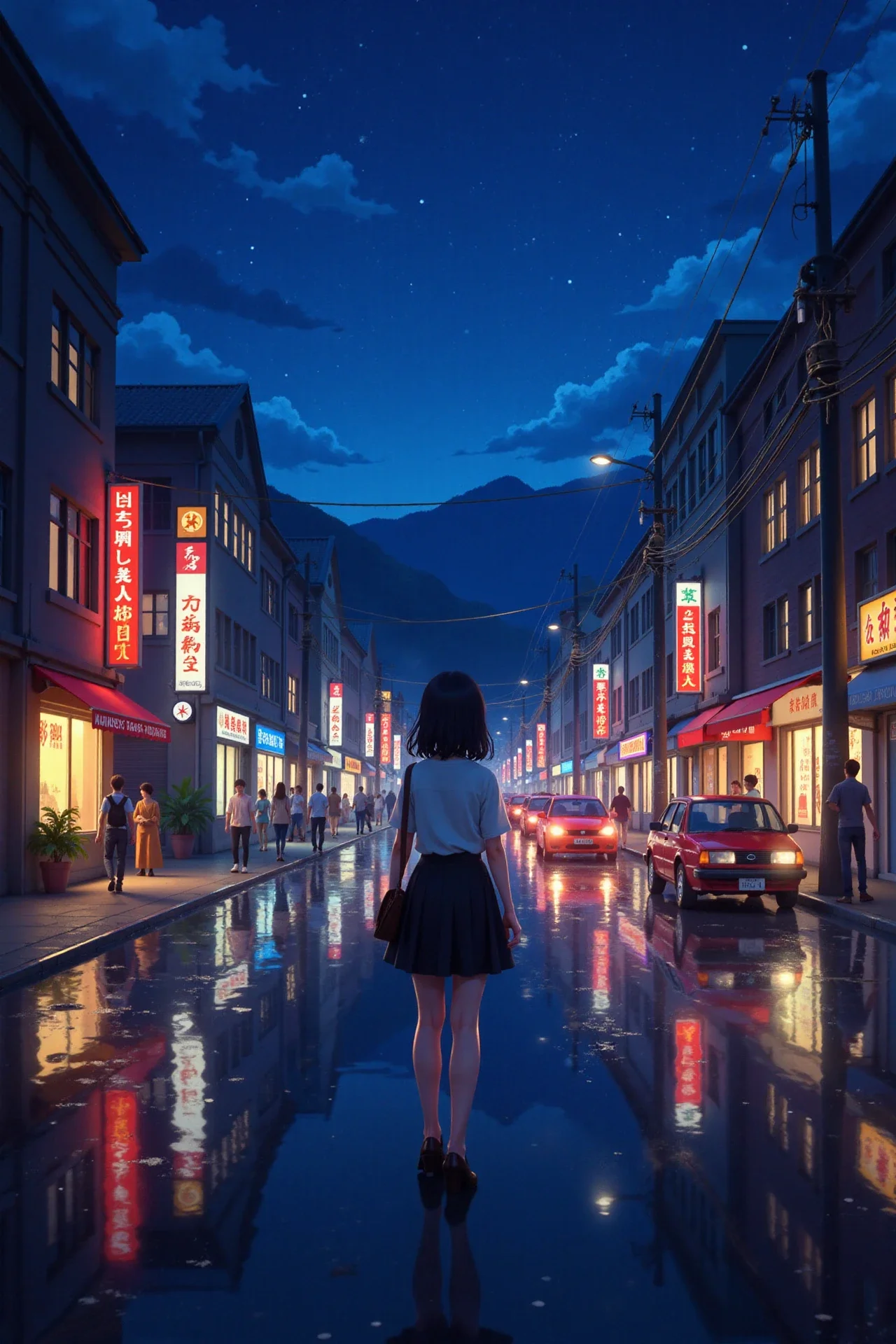 busy street with wet ground beautiful  landscape, bright luminous night, woman, very intricate, very detailed, sharp, bright, colorful, <lora:Hand v2:0.5> <lora:Anti-Blur:1><lora:Insane Detail Slider:0.25>  <lora:flux.1_lora_flyway_Epic-detail_v2:0.3> <lora:fluxenhancer:0.25> <lora:anime_retro:1> anime_martz, anime_retro