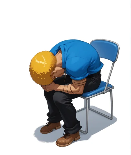 score_9, score_8_up, score_7_up,
BREAK
1boy, solo, bobobo-bo bo-bobo, afro, blonde hair, muscular, blue shirt, black pants, brown footwear, arm hair, dark-skinned male, full body, (shinjichair, sitting, head down),
<lora:Bobobo-bo_Bo-bobo:1> <lora:concept_shinjichair_ponyXL:1>