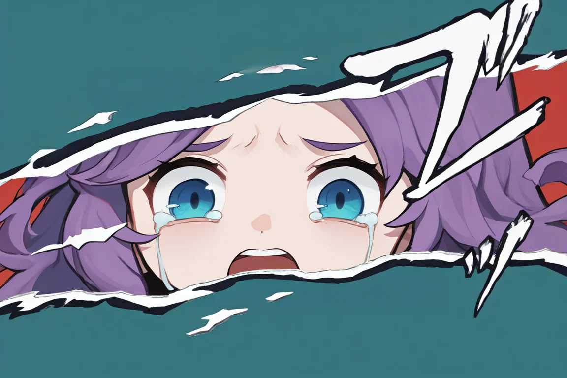 source_anime, score_9, score_8_up, 1girl, solo, <lora:NSAbigailStardew:1> NSAbigailStardew, purple hair, blue eyes, long hair, parted bangs, crying, open mouth, 3/4 view, IncrsPersonaCutInXL, close-up, simple background <lora:PersonaCutIn_XLPD_V2:1>
