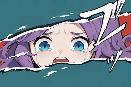 source_anime, score_9, score_8_up, 1girl, solo, <lora:NSAbigailStardew:1> NSAbigailStardew, purple hair, blue eyes, long hair, parted bangs, crying, open mouth, 3/4 view, IncrsPersonaCutInXL, close-up, simple background <lora:PersonaCutIn_XLPD_V2:1>