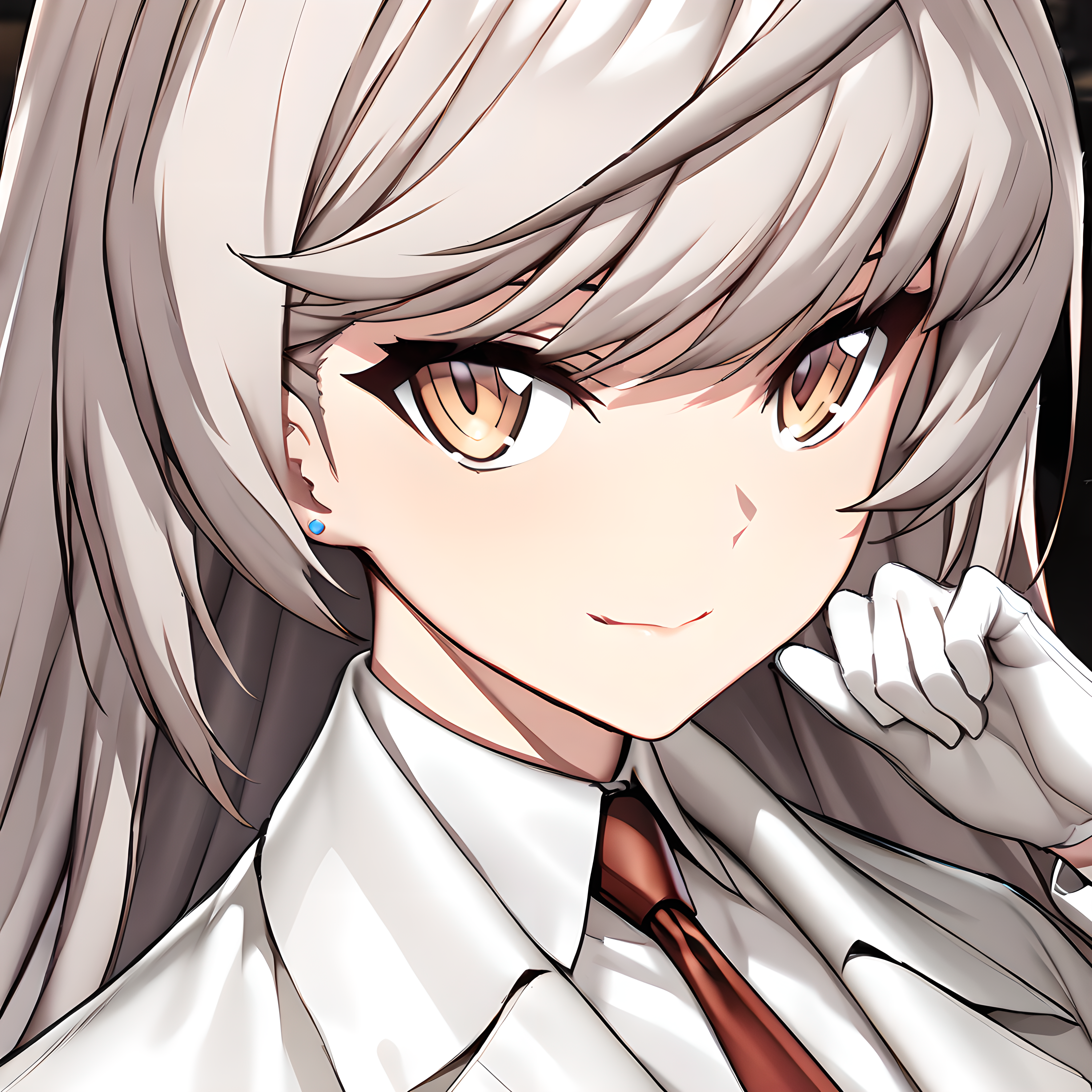 (masterpiece),(best quality),(ultra-detailed),(best illustration),(best shadow),(absurdres),(detailed background),(very aesthetic),hilde, 1girl, solo, gloves, necktie, red necktie, white gloves, looking at viewer, long hair, close-up, closed mouth, smiling, <lora:Hilde_-_CounterSide_SDXL_Animagine_XL_3.1:1>