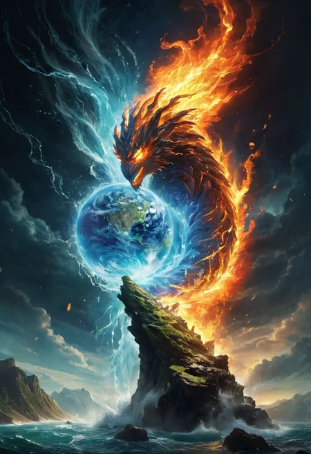 Earth elemental, colliding with fire elemental, colliding with wind elemental, colliding with water elemental