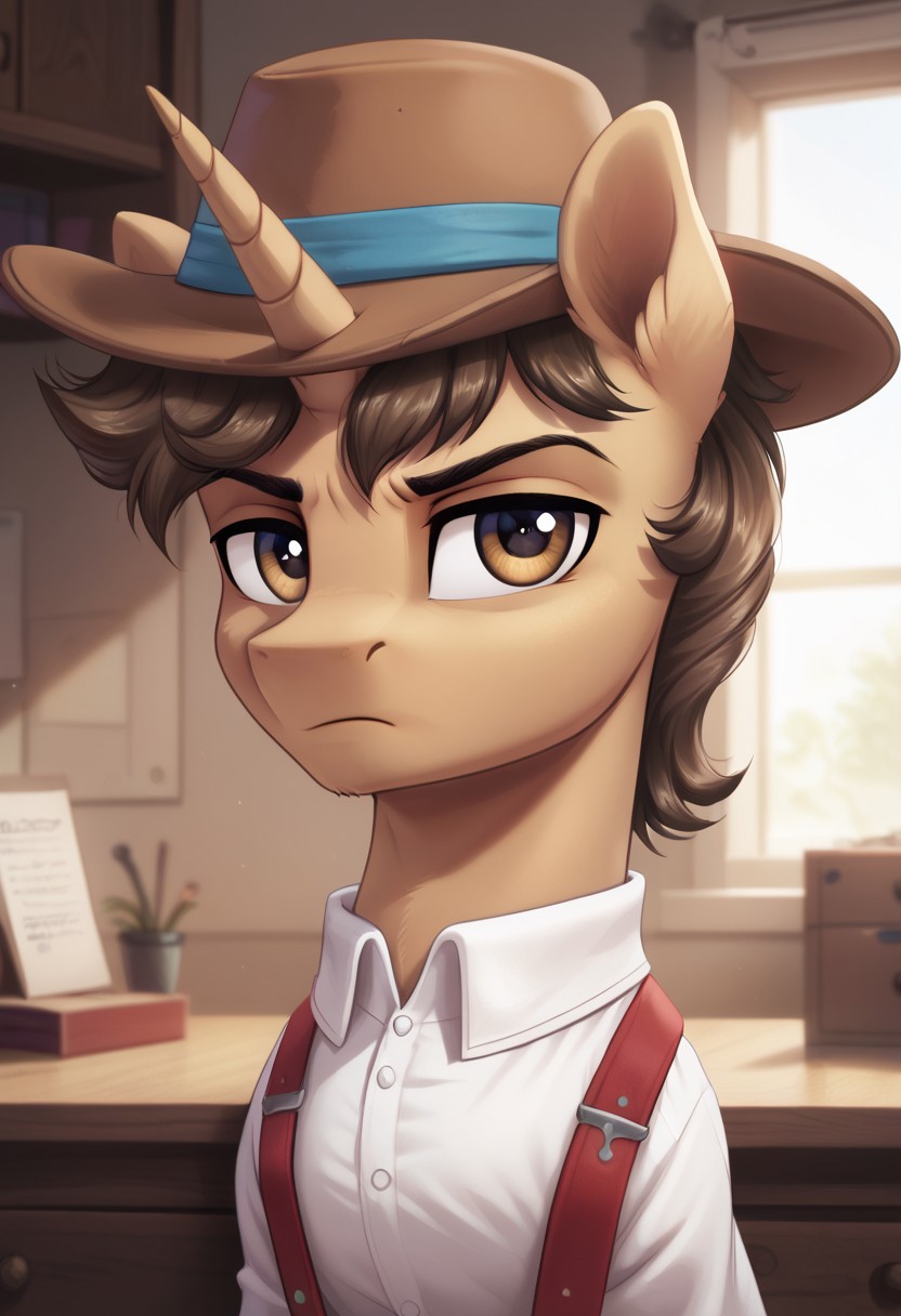 score_9, score_8_up, score_7_up, score_6_up, score_5_up, score_4_up, score_3_up, score_2_up, score_1_up, g4, solo, pony, feral pony, male, unicorn, white blouse, brown hat, suspenders, serious, cabinet, look at you, cute, glare, high res, detailed face, portrait, bust, face