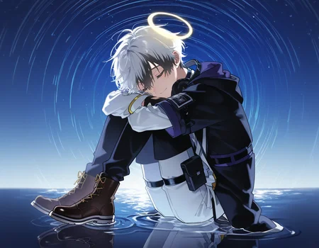 1boy, solo, adnachiel \(arknights\), adnachiel, tilted halo, yellow eyes, bright pupils, short hair, white hair, streaked hair, black hair, (y y \(ysk ygc\), lifeline \(a384079959\), yoneyama mai, quuni:1.2), nyalia, depth of field, (star trail:1.3), starry sky, night sky, ocean, reflection, reflective water, afloat, sitting, hugging own legs, head on knees, closed eyes, light smile, short over long sleeves, white shirt, white gakuran, white sleeves, sleeve cuffs, headphone around neck, black headphones, choker, black jacket, short-sleeved jacket, open jacket, two-tone pants, black pants, white pants, thigh strap, thigh pouch, bandana around arm, purple bandana, black gloves, brown boots, fingerless gloves, perfect eyes, perfect face, masterpiece, best quality, newest, absurdres, highres, <lora:Adnachielå®å¾·åå°5 lora.TA_trained:0.8>, <lora:nyalia:0.4>,
