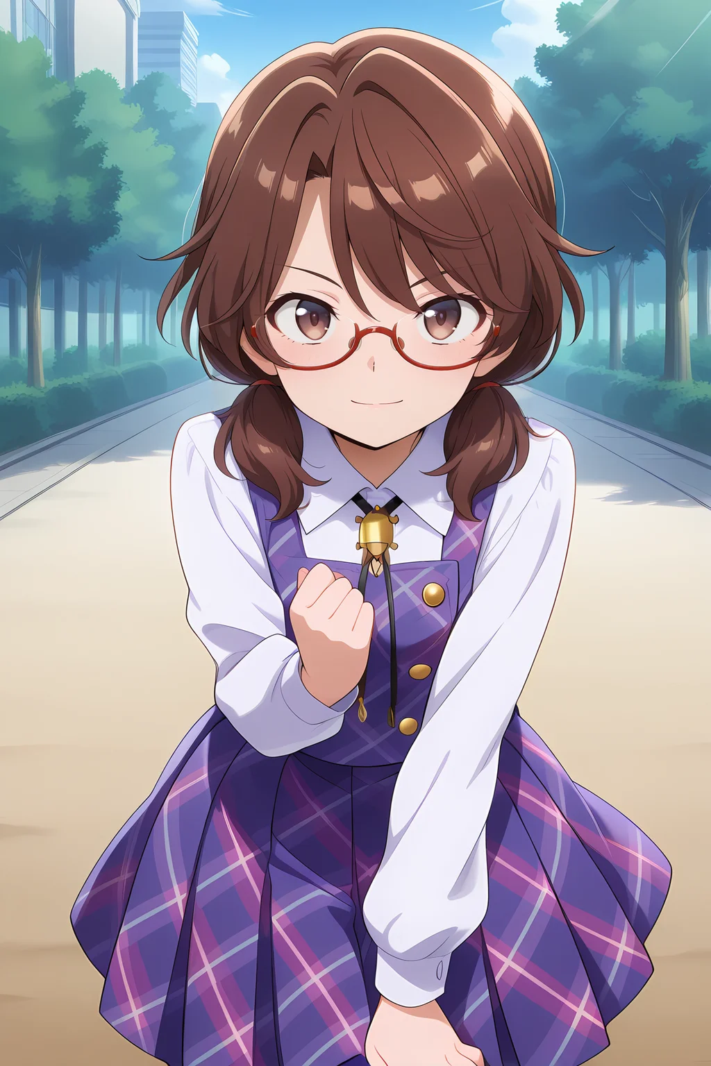 absurdres, highres, masterpiece, best quality, amazing quality, official anime artwork, screencap, anime screencap, outdoors, light smile, looking at viewer, dynamic pose,
<lora:Usami-Sumireko_Illustrious:1> usami sumireko, 1girl, solo, brown eyes, brown hair, short hair, low twintails, red-framed eyewear, semi-rimless eyewear,, white shirt, long sleeves, purple vest, plaid vest, purple skirt, plaid skirt, bolo tie,