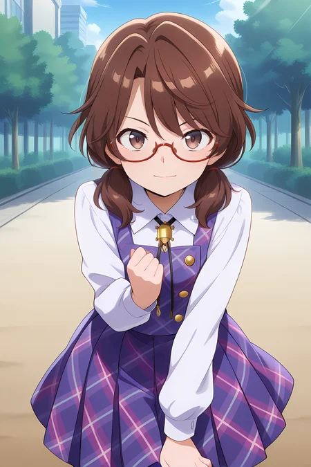 absurdres, highres, masterpiece, best quality, amazing quality, official anime artwork, screencap, anime screencap, outdoors, light smile, looking at viewer, dynamic pose,
 <lora:Usami-Sumireko_Illustrious:1> usami sumireko, 1girl, solo, brown eyes, brown hair, short hair, low twintails, red-framed eyewear, semi-rimless eyewear,, white shirt, long sleeves, purple vest, plaid vest, purple skirt, plaid skirt, bolo tie,