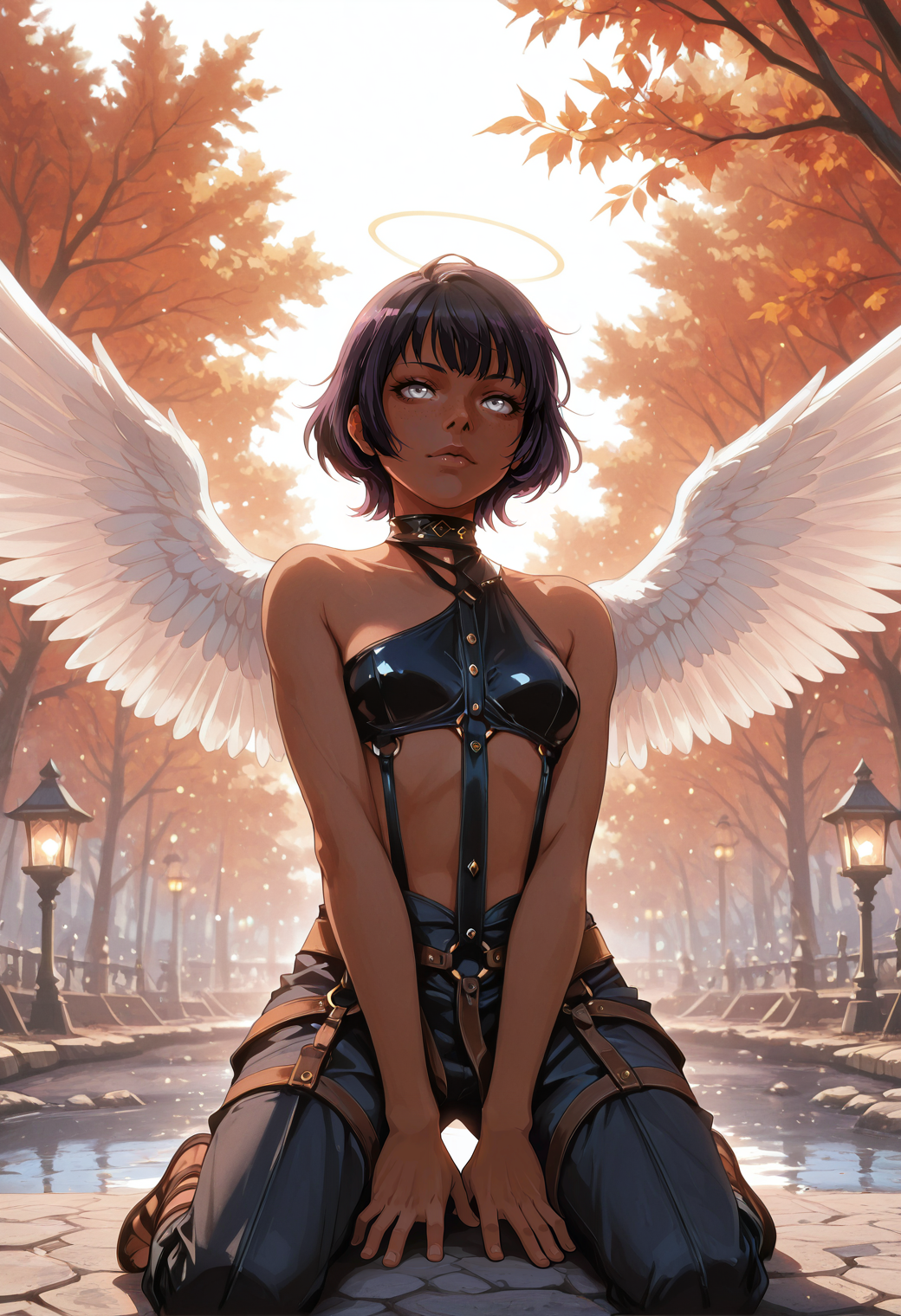 realistic, very awa, ambient occlusion, ray tracing, [sei shoujo], [rebecca_(keinelove)], [libbyframe], style parody, [bang_dream!], [arcane:_league_of_legends], [league_of_legends], saturated, colorful, (dynamic angle:1.3), (cowboy shot:1.2) BREAK 1girl, solo, <lora:aasimar:0.7> aasimar_protector, wings, halo, <lora:w1ngsXLP:0.4> w1ngs, angel wings, light amber hair, wolf cut hair, white eyes, (brown skin:1.2), muscular body, , perfect hands, dark lips, (inspired), eyes darting BREAK rogue, wearing (detailed indigo hardened leather top), asymmetric neck, gardbrace,, carpenter pants, gladiator sandals,, <lora:Rogue_Armor-IL:0.5> Rogu3 BREAK medieval, fantasy, outdoors, fantasy park, lanterns, urban details, pond, kneeling,, autumn, day, hard light, cinematic lighting BREAK <lora:reij-detaILer:0.9> <lora:light-000167:0.6> <lora:onespeg_art_style:0.7> 0n3sp3g