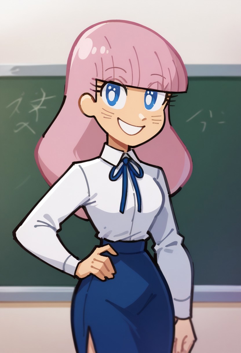 score_9, 1girl, solo, japteacher, pink hair, blue eyes, white shirt, collared shirt, long sleeves, neck ribbon, blue skirt, one hand on hips, looking at viewer, smile, cowboy shot