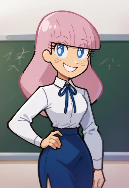 score_9, 1girl, solo, japteacher, pink hair, blue eyes, white shirt, collared shirt, long sleeves, neck ribbon, blue skirt, one hand on hips, looking at viewer, smile, cowboy shot