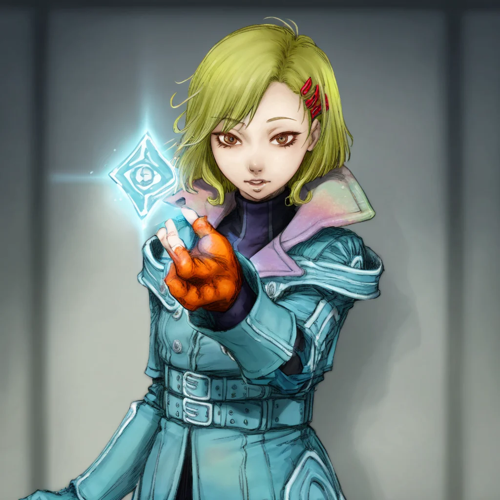 best quality, masterpiece, netsu, blonde hair, short hair, hair ornament, hairclip, jacket, glove, one hand showing magical electric element, looking at viewer