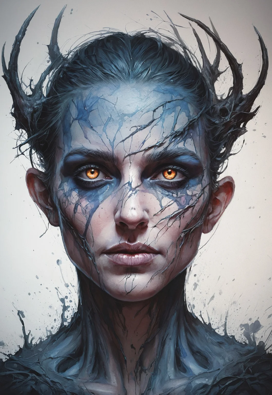 photorealistic masterwork digital painting, hyper-realistic, BREAK, (watercolor painting:1.4, dynamic_angle), looking at the camera, approaching perfection, dynamic, orange black blue and pink colors, (highly detailed, digital painting, artstation, concept art), sharp focus, illustration, art by Carne Griffiths and Wadim Kashin, watercolor style, masterpiece, best quality,  
shadow, dark and mysterious creature,close up,shrouded and darkness, white  runic text ,grin, intriguing glowing  eyes , photo,Roger Ballen 