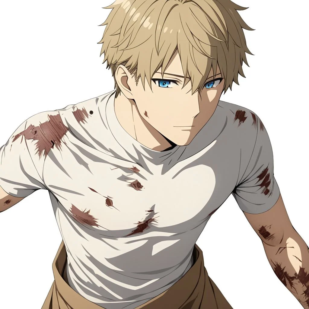ASCIImasterpiece, best quality, full body portrait, loid_forger, 1man, slim lean body, arms stretch, (blue eyes, perfecteyes), white undershirt, brown coat, battle damage, in front of a (plain white background: 1.2), 4k, 8k, intricate detail, soft warm lighting,
