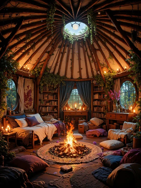 Cozy woodland yurt interior bathed in soft, golden candlelight. Rustic wooden beams frame circular walls draped with plush tapestries. A central firepit casts flickering shadows, surrounded by overstuffed floor cushions and faux fur rugs. Hanging plants cascade from the domed ceiling, intertwined with twinkling fairy lights. A carved wooden bed nestles against one wall, piled high with quilts and knitted blankets. Shelves lined with leather-bound books, crystals, and forest treasures. Warm earth tones dominate, accented by deep greens and rich purples. Intricate mandala designs adorn circular windows, filtering dappled moonlight. 8K, hyper-detailed, ambient occlusion, volumetric lighting <lora:aidmaMJ6.1-FLUX-v0.4:0.3> <lora:dreadmirth-art-style:0.4> <lora:Rainbow_on_black_style-000003:0.9> <lora:sxz-Dark-Fantasy-v2-Flux:0.7> <lora:FluxMythG0thicL1nes:0.4> <lora:flux_dev:1>