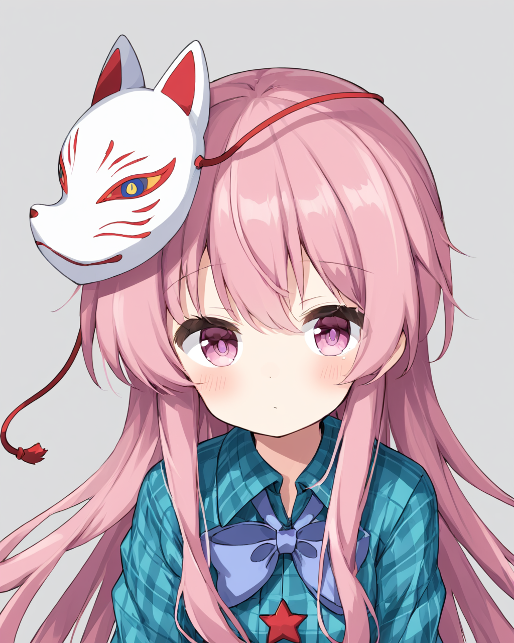 hata no kokoro,1girl, solo, plaid_shirt, v, mask_on_head, closed_mouth, long_sleeves, blush, looking_at_viewer, upper_body, simple_background, buttons, circle, bowtie, collared_shirt, fox_mask, grey_background, white_background
<lora:hata_no_kokoro_image5070_2023-12-20:1>,star-shaped_pupils,symbol-shaped_pupils,. gorgeous,key visual, vibrant, studio anime,award-winning, professional, highly detailed,high budget, cinemascope
