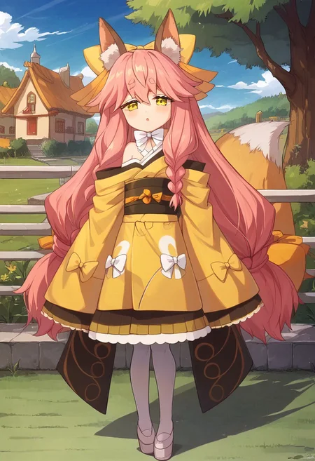 score_9, score_8_up, score_7_up, source_anime, prefect lighting, very aesthetic, intricate details, highly detailed background, masterpiece, high quality, prefect hands, best quality, 1girl, (shortstack:0.8), solo, <lora:aria.pony:1>, aria, pink hair, long hair, braid, yellow eyes, animal ear fluff, fox ears, fox tail, yellow hair bow, small breasts, yellow kimono, japanese clothes, long sleeves, sleeves past wrists, wide sleeves, white bow, bare shoulders, white pantyhose, obi, ribbon, white footwear, chestnut mouth, blush, outdoors, house, trees, night, night sky, looking at viewer, pov