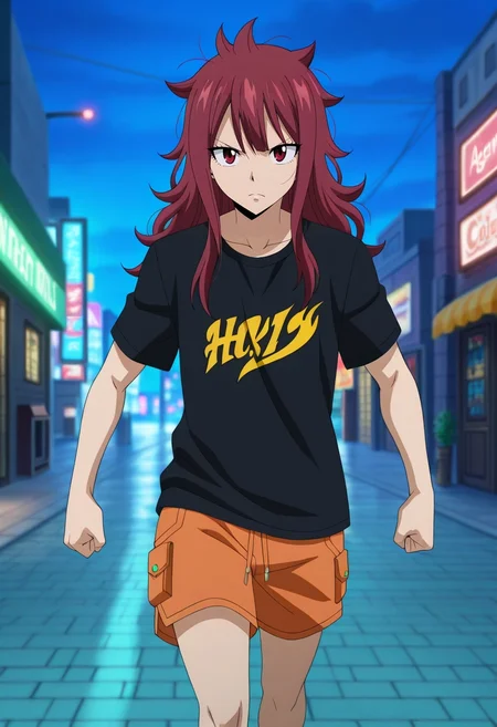 masterpiece, best quality, anime screencap, anime coloring, official style, , , 1boy, male focus, red eyes, dark red hair, messy hair, Harem shorts, Dark orange Brocade Henley pocket T-shirt, , ,, solo, neon streets, holo-ads, light paths, cyber cafes, walking pose, alert expression, night, <lora:fairy_tail_style_ilxl:1>, fairy_tail_style,