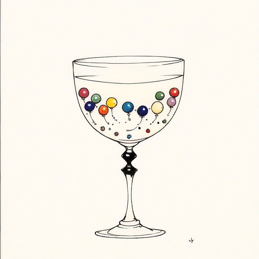 <lora:Delicate_WhimsySDXL:1> ArsMJStyle, Delicate Whimsy, The image shows a drawing of a wine glass filled with colorful balls with text written on it., no humans, simple background, border, cup, white background, black border, traditional media, signature, still life, food