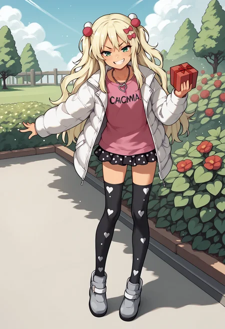 score_9, score_8_up, score_7_up, score_6_up, score_5_up, score_4_up, BREAK, full body, outdoors, garden, grin, smug, holding gift,
<lora:grecalev1:1>, grecalekc, blonde hair, green eyes, hair bow, tan, grecalevalentines, long hair, messy hair, polka dot skirt, pink shirt, white jacket, black thighhighs, heart necklace, hair ornament, grey footwear, heart print,