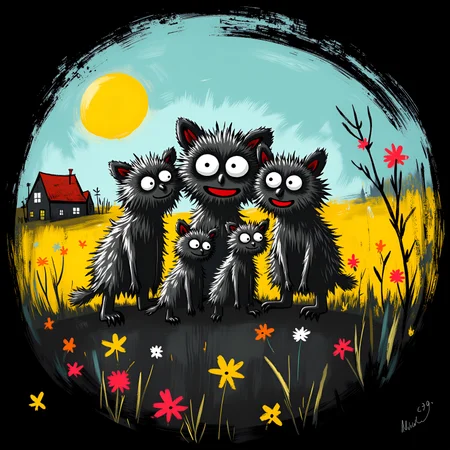 candid , upper body, cinematic lighting, from below/low angle, 8mm Fisheye Lens, dreamy haze. whimsicalart, darkfairytale, (moonlightart:1.2), (whimsical illustration:1.2), dreamy, fantasy, magic.  a breathtaking closeup picture of five sugar sweet little raccoons cuddling close together staring into the midnight sun in the far north of alaska.  (funny dreamy faces, beautiful big eyes, bright smile:1.2),  masterpiece of fun.  brilliant dark collors, volumetric lighting, god rays.  , <lora:30 style\flux Dark Whimsical Art v1 ()>, <lora:30 style\flux MOONZ WILD v1 ():0.8>, , , , ,