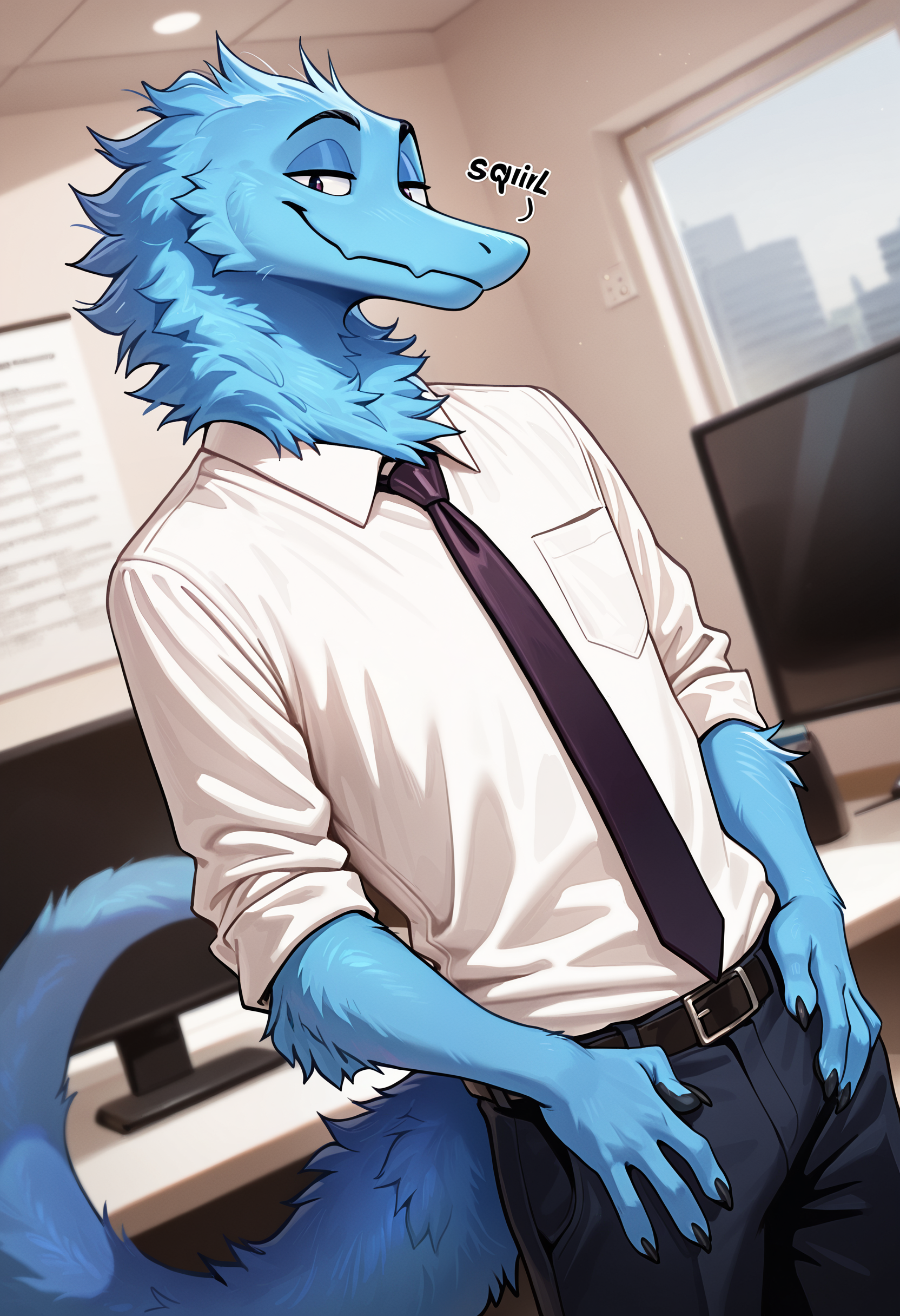 photorealism, photorealistic, chromatic aberration, depth of field, detailed background, reflections, detailed fur,    looking at viewer, dutch angle, solo, 1boy, male, squirmle, anthro, no humans, solo, tail, male focus, 1boy, furry, office,   flirty expression, seductive glance, sound effect,    (artist:syuro:0.8), (artist:nomax:0.5), (artist:honovy:0.6), (artist:kenket:0.6), (artist:taran fiddler:0.6), masterpiece, best quality, amazing quality, very aesthetic, absurdres, newest,   <lora:Squirmle_Species_Illustrious:1.0>,
