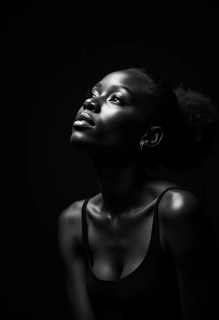 Monochrome, Close-up of an afrikan woman's upper body with the most darkest skin, against a completely black background, model pose. The woman is positioned with her head slightly tilted back, and her gaze is directed upward and slightly outward. Her expression appears serene and contemplative. Her skin is highlighted in areas, creating a soft, almost luminous effect, particularly on her face and neck, juxtaposed against the shadowy parts of her body. This contrast highlights facial features and adds depth to the image. She is wearing a black sleeveless top, which is in focus, while the background of the image maintains a deep black tone. The woman's posture suggests a relaxed yet posed presentation. Her hair is or black, gathered loosely behind her head. The lighting is dramatic, emphasizing form and highlighting the texture of her skin. Black over black. Dramatic shadows. Award winning of black and white photography.