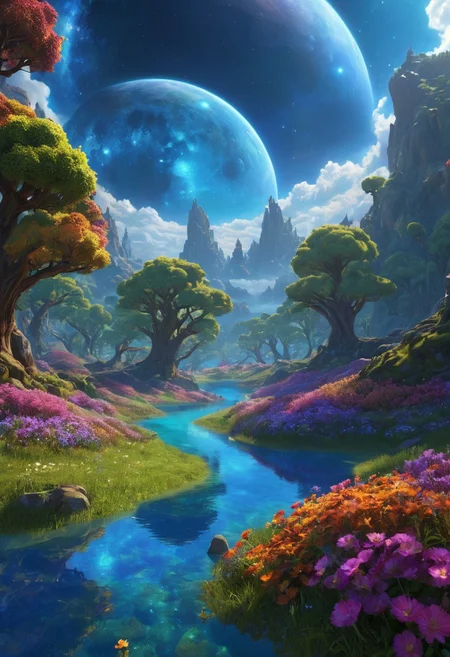 (masterpiece:1.5), unreal 8k wallpaper, unity 8k wallpaper, score 9, score 8 up, score 7 up, masterpiece_portrait, extreme quality, reflection, surface reflection, dynamic lighting, Cinematic style, cinematic quality, ((no humans, no people)), photorealistic, realistic, a spectrum of iridescent colors, precise, fractal design, flowing curves, precision, colorful, fractal geometry, harmonic interference, digital illustration, photo manipulation, altered realities, fantastical scenes, digital artistry, striking visuals, sharp focus, detailed background, light reflection, fantasy, science fiction, A enormous magical world, massive valley, in the center of the valley is (a magnificent magical landscape), the (magical landscape) has been here for a very long time, where this (magical landscape) came from no one knows it has long been forgotten, beautiful blue skies majestic clouds, gnarled trees dot the landscape, in the sky you can see (three huge moons) is all inspiring and a little frightening, the valley is also covered in beautiful multicolored flowers and multi-colored trees, no life can be seen anywhere, (World of Warcraft), 3D blender, bushes, grass, flowers, night time, starry sky, moonlight, dnd,