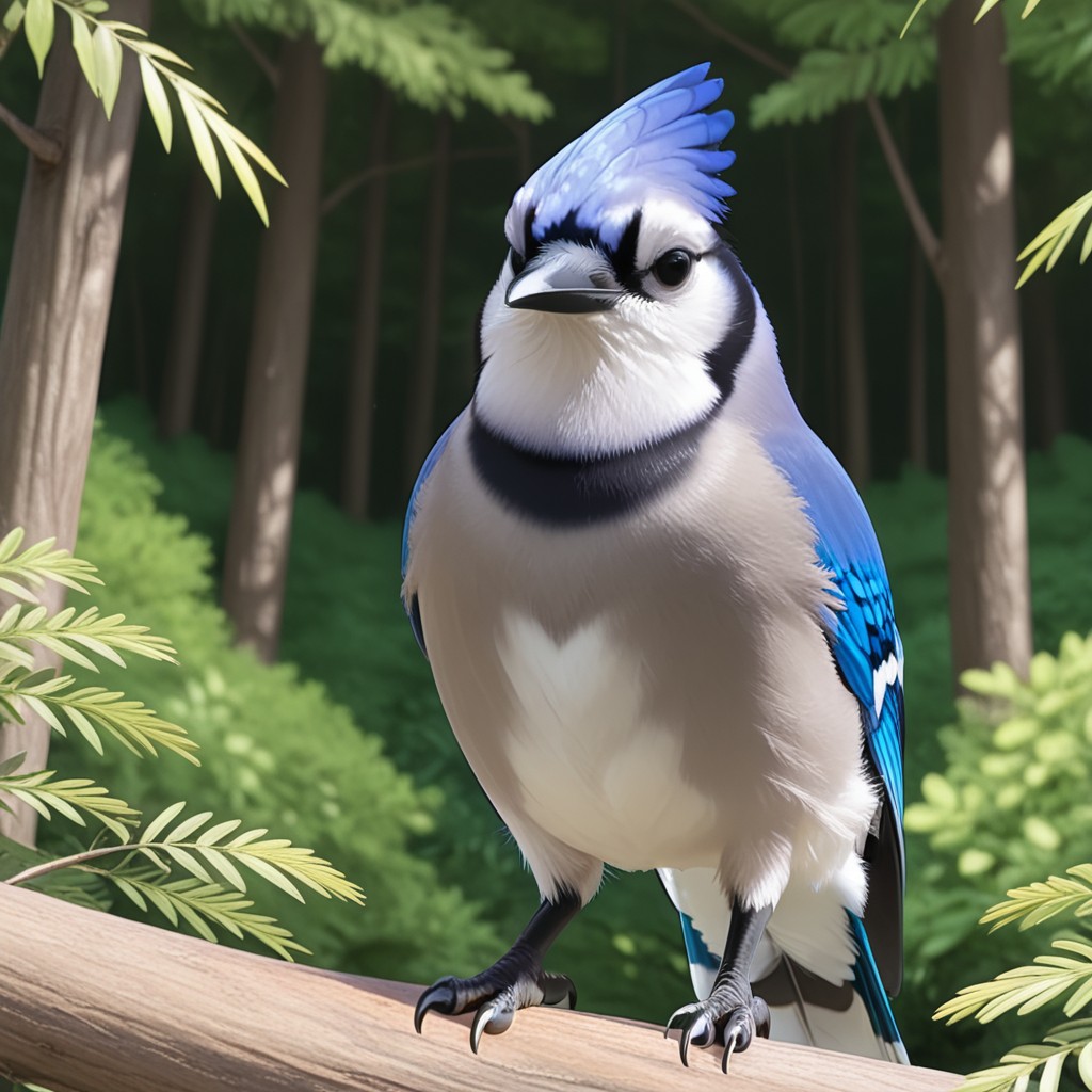 masterpiece, best quality, amazing quality, bluejaysil, feral, blue_jay, blue feathers, blue feathered crest, black eyes, talons, standing, forest, looking at viewer, <lora:9ca5b18a-aebf-4441-94f1-2f8aa02ce9f7:1.0>