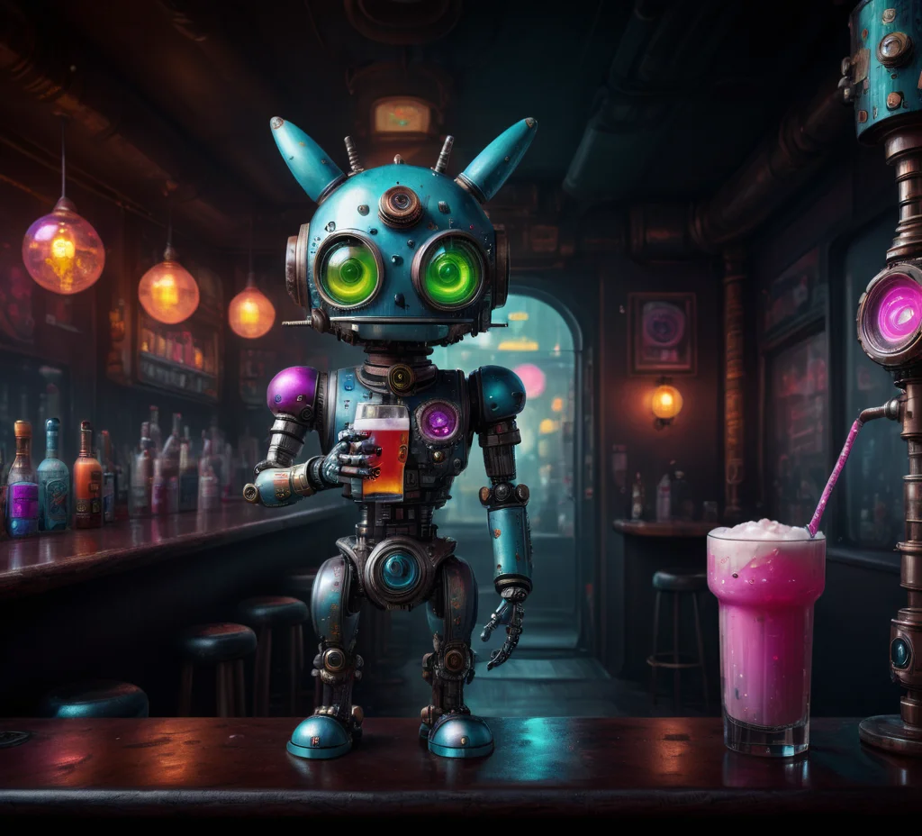 Award winning photograph of a futuristic Kawaii android, Drinking in a cyberpunk bar, Ultra-HD, Perfectionism, OLED, insanely detailed and intricate, hyper maximalist, elegant, ornate, hyper realistic, super detailed, Science Fiction, <lora:drkkaw_epoch_10:0.7>