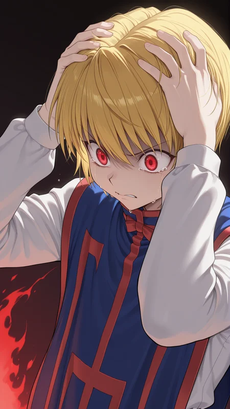 masterpiece, best quality, amazing quality, 1boy, solo, <lora:IlluKurapika:1> illukurapika, blonde hair, short hair, red eyes, white long sleeves, tabard, red trim, upper body, angry, red fire, gradient background, dark background, tears, hands on own head, traumatized, dutch angle, head down,