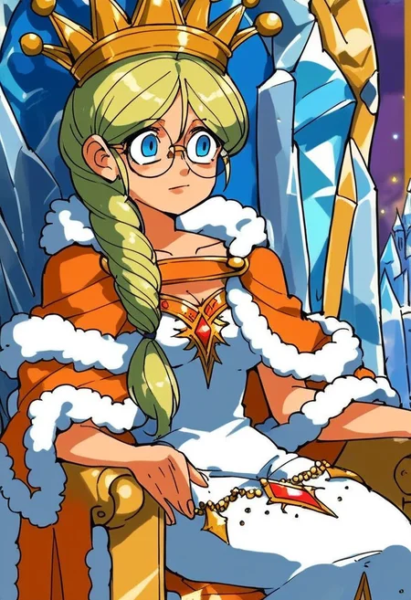 score_9, score_8_up, score_7_up, source_anime,
1girl, solo, queen_frysabel, fur trim, dress, glasses, jewelry, cape, crown, <lora:queen_frysabel:1>, sitting on throne, ice castle