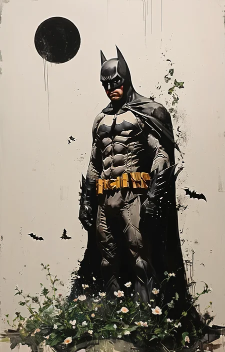 masterpiece,best quality,<lora:tbh223-sdxl:0.9>,illustration,style of Greg Capullo,batman, A bottle of perfume in garden