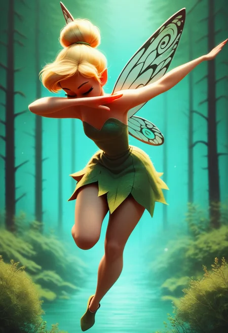 score_9, score_8_up, score_7_up, 1girl, 
TinkerWaifu, fairy wings, blue eyes, green dress, sexy, hair bun, flying, forest,
<lora:EPdab:1> EPdabbing, outstretched arm, covered face, closed eyes, full body,