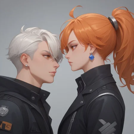 (score_9), (score_8_up), (score_7_up), (score_6_up), (score_5_up), (score_4_up), create an image of 1boy, orange eyes, high ponytail, orange hair, ombre orange to white, gradient orange to white, one white hair streak, one white hairstreak right side, modern cyber clothes, white and black outfit, a lot of silver accessories, silver accessory, gemstone earrings, gloomy, Zyrnox style