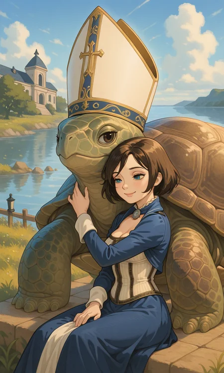 embedding:IllusP0s, turtle pope, elizabeth_\(bioshock infinite\), 1girl, sitting, outdoors, smile,<lora:turtle_pope_r1.safetensors:1.0:1.0>