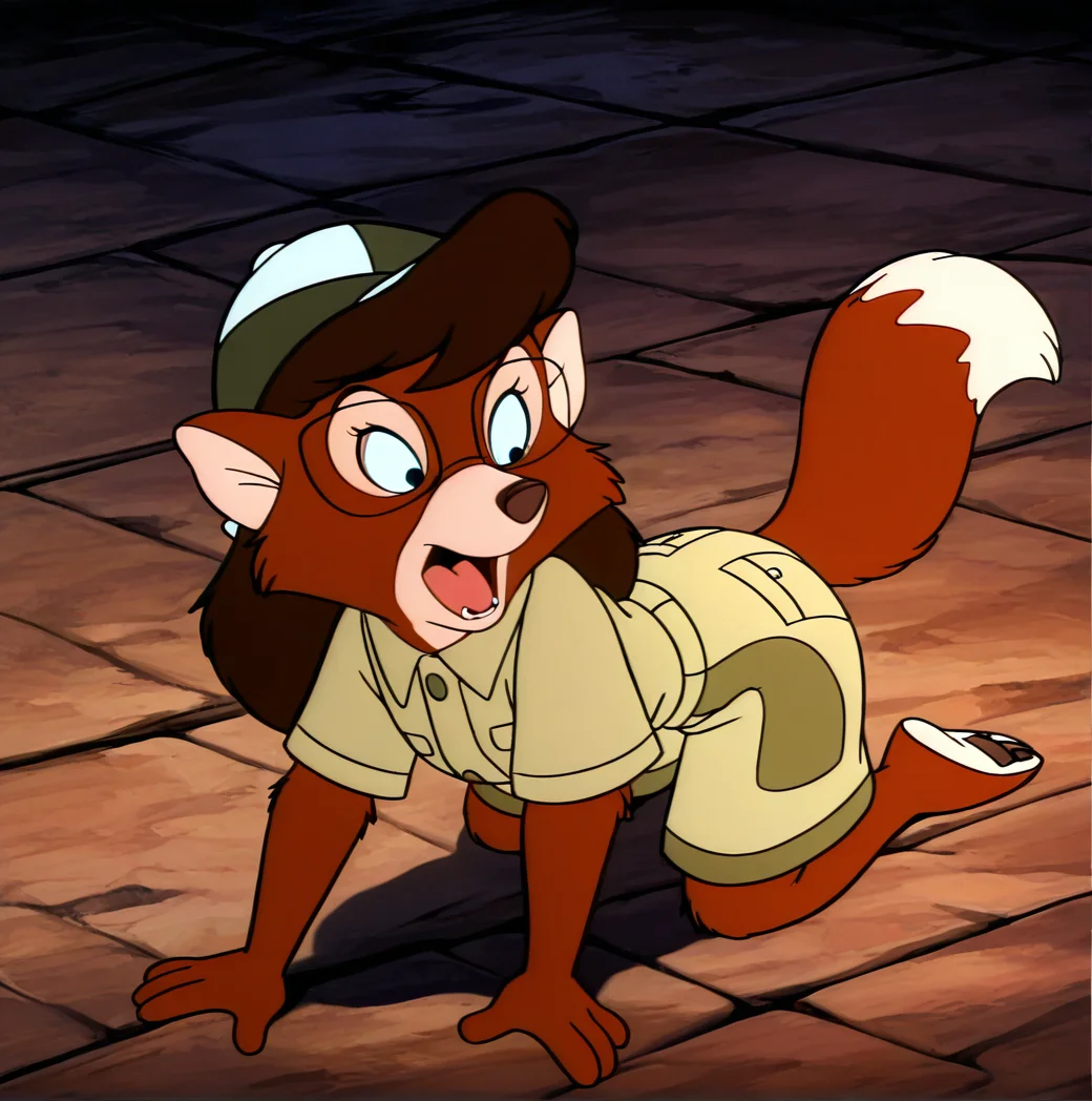 (masterpiece), (best quality), (ultra-detailed), amazing quality, very aesthetic, perfect composition, absurdres, incredibly absurdres, <lora:myrafoxworthy:1>, 1girl, solo, open mouth, blue eyes, shirt, hat, tail, short sleeves, shorts, pith helmet , tongue, all fours, furry, retro artstyle, myra foxworthy, glasses, furry female, fox girl, brown hair, body fur, khaki shorts, animation cel,