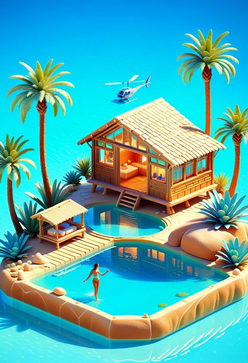 ispzxll, diorama, isometric, miniature, volumetric lighting style, intricate details, desert oasis scene, man and woman bathing in crystal-clear blue water lake, palm trees, tiny cabin, helicopter