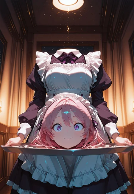 (masterpiece), best quality, amazing quality, very aesthetic, absurdres, newest, cowboy shot, extreme dutch angle, low angle, solo, woman, CivChan, purple eyes, pink hair, maid outfit, headless, puffy sleeves, apron, holds a tray with both hands, disembodied head on tray, sparks, disembodied head, warm smile, interior, cozy living room, volumetric lighting, cinematic lighting. <lora:CivChan:1> <lora:lightingSlider:0> dark, late night, blue hour <lora:add-detail-xl:1> <lora:disembodied_head_smooth_shoulder_V2illust:1> disembodied_head_smooth_shoulder, Smooth Quality