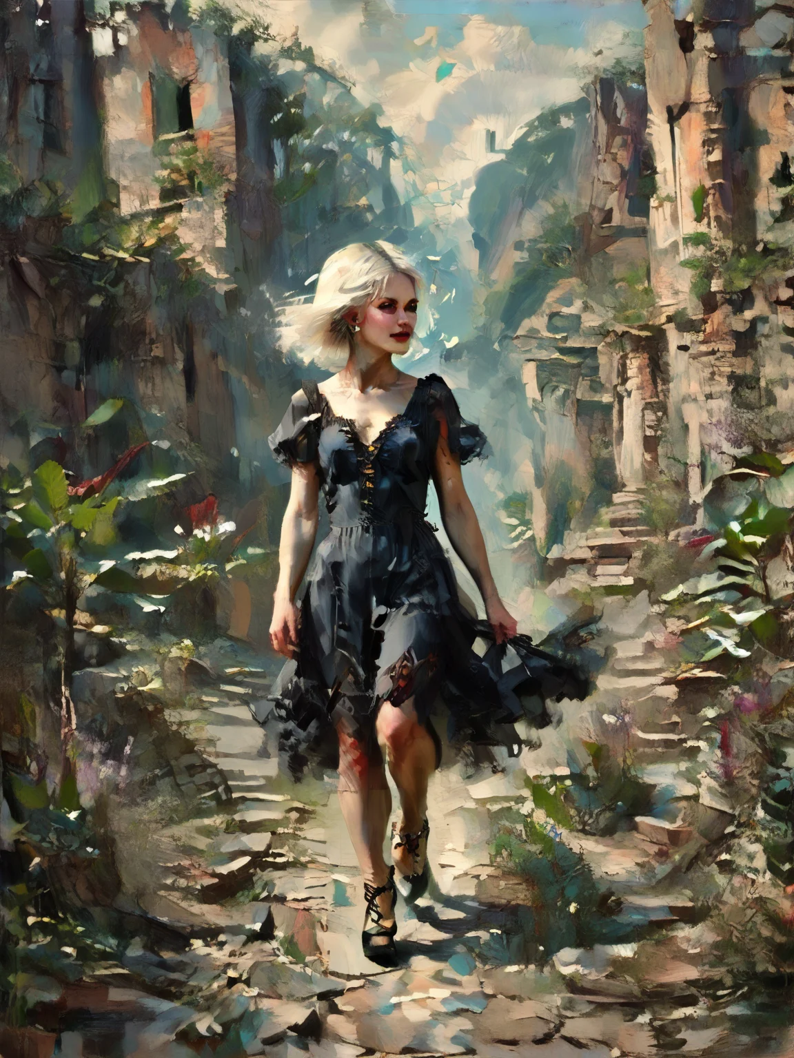 score_9, score_8_up, score_7_up, character in profile, walking, looking at surroundings, 1girl, pale skin, medium breasts, goth dress, gothic, black dress, detailed dress, black high heeled shoes, Long white hair, young face, <lora:OilpaintIMP:1> 0cmtr1g, 0cm, 0cm1sc, 4rch, The fall of ancient power, the towers topple, the ruins return, and she remains,highly detailed