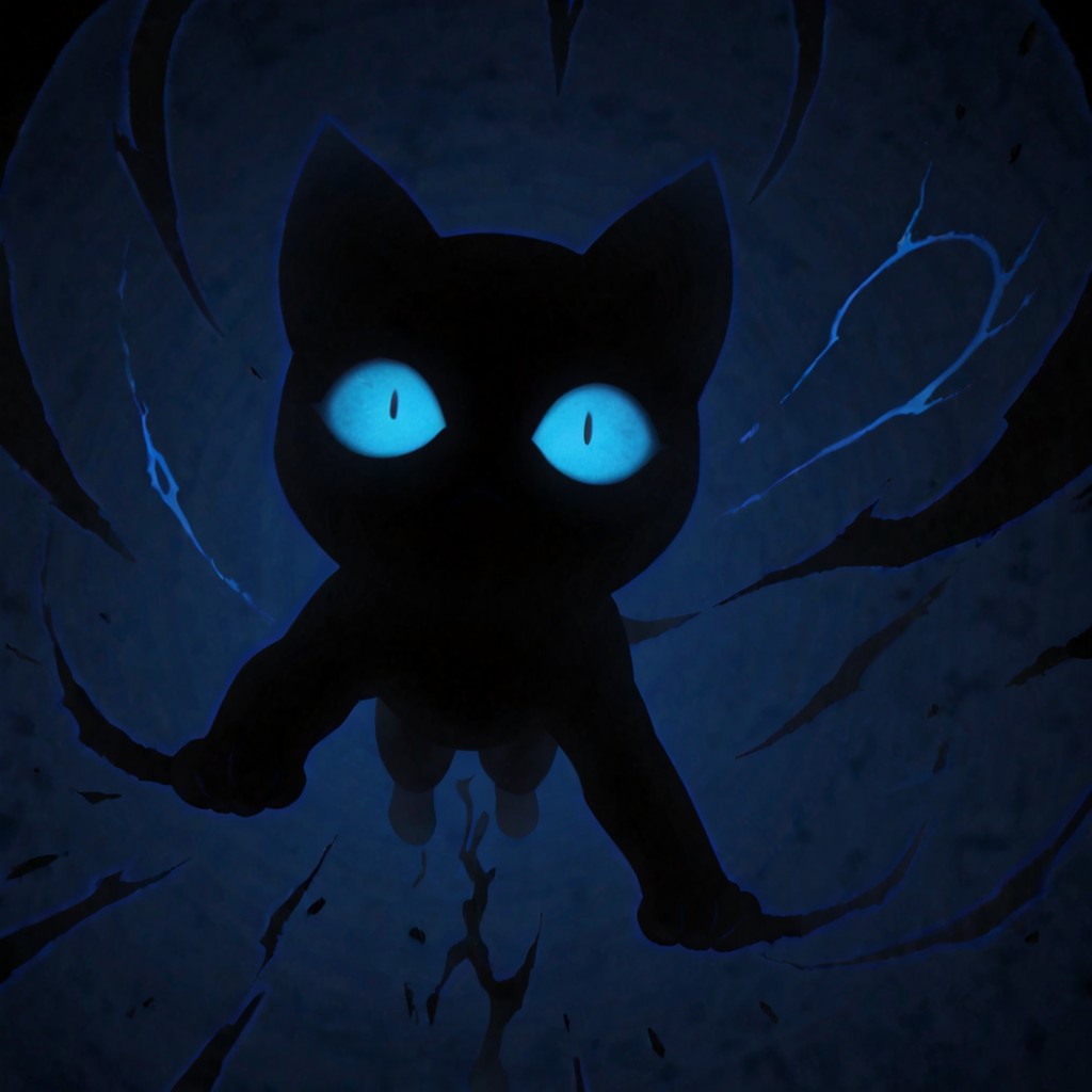 shadow_cat, shadow energy, blue sclera, no pupils, leaping, low angle