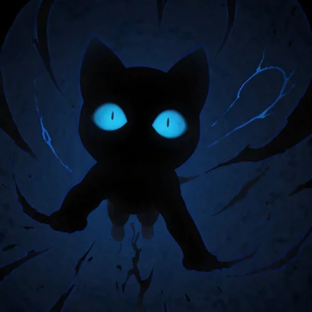 shadow_cat, shadow energy, blue sclera, no pupils, leaping, low angle