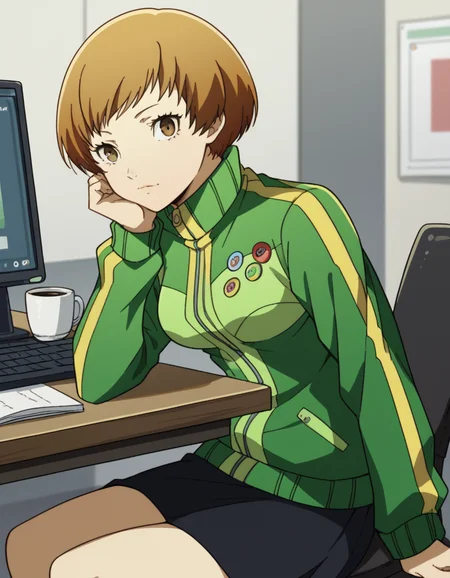 score_9, score_8_up, score_7_up, source_anime, <lora:chie-satonaka-s1-ponyxl-lora-nochekaiser:1>, chie satonaka, short hair, brown hair, brown eyes, medium breasts,, skirt, jacket, shoes, socks, track jacket, badge, button badge, smiley face, green jacket,, home office, working from home, computer screen, coffee cup, focus, deadline, , , sitting, elbow rest, table,, solo,, cowboy shot, dutch angle