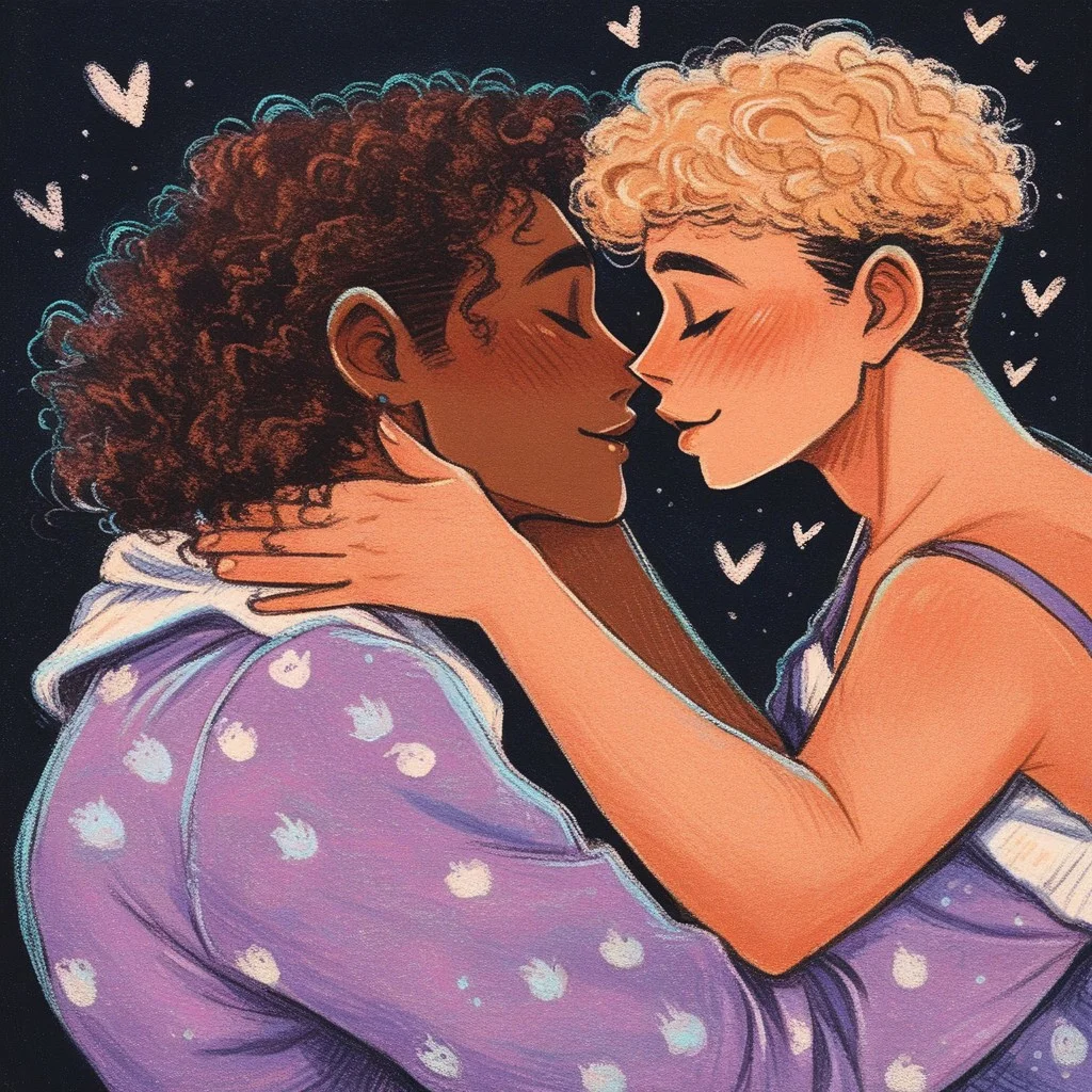 score_9, score_8_up, score_7_up, source_cartoon, rating_safe, ncpy13 style, pastels drawing, dark blue background, passionate, romantic, motion lines.
passionate embrace, ((three adults)), experimenting, pleasure, playful flirty, side view, interracial, multi-ethnic, gay, nonbinary, genderfluid, lesbian, hearts.
1nonbinary mature, 40 years old, wearing cute wholesome pajamas, ((long curly hair)), (curvy body:1.2), sexy, blush.
1nonbinary mature, 40 years old, ((short hair)), wearing cute wholesome pajamas, (curvy body:1.2)
1nonbinary mature, 40 years old, ((straight hair)), wearing cute wholesome pajamas, (curvy body:1.2)