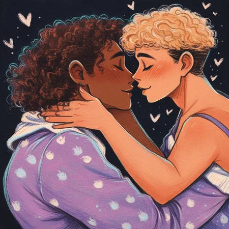 score_9, score_8_up, score_7_up, source_cartoon, rating_safe, ncpy13 style, pastels drawing, dark blue background, passionate, romantic, motion lines.
passionate embrace, ((three adults)), experimenting, pleasure, playful flirty, side view, interracial, multi-ethnic, gay, nonbinary, genderfluid, lesbian, hearts.
1nonbinary mature, 40 years old, wearing cute wholesome pajamas, ((long curly hair)), (curvy body:1.2), sexy, blush.
1nonbinary mature, 40 years old, ((short hair)), wearing cute wholesome pajamas, (curvy body:1.2)
1nonbinary mature, 40 years old, ((straight hair)), wearing cute wholesome pajamas, (curvy body:1.2)
