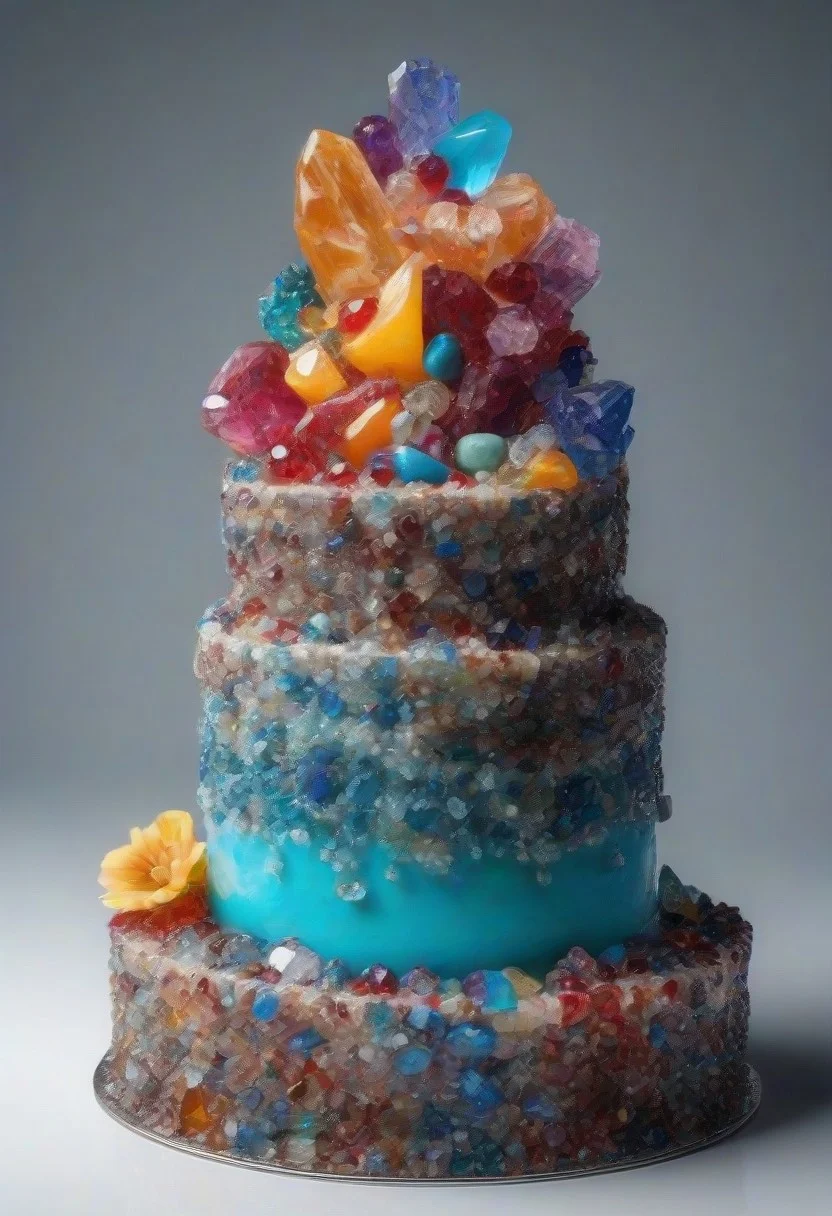 ((cut piece of cake ))made from multi-colored precious stones, diamonds, rubies, sapphires, turquoise. dynamic angle view