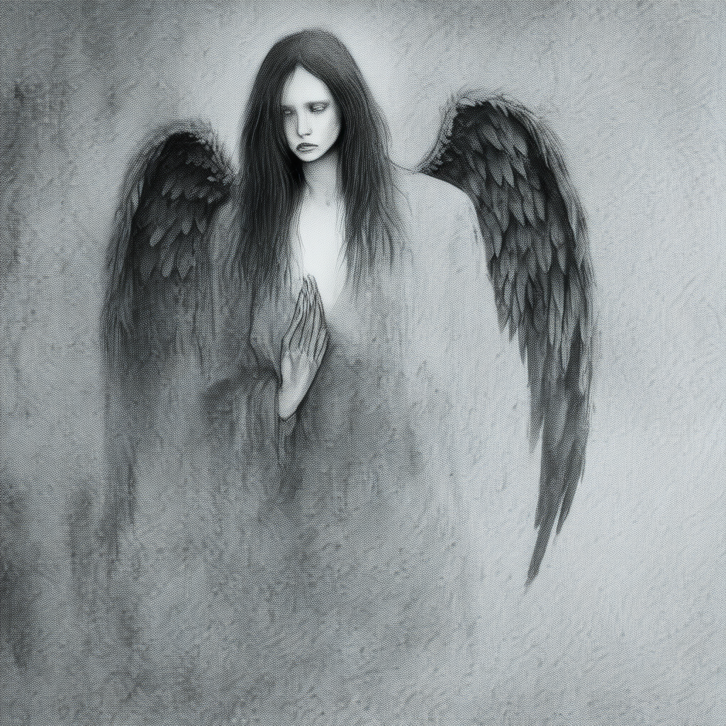 fallen angel, lost paradise, grief, somber, monochrome, looking at viewer, 1girl, by montserrat gudiol