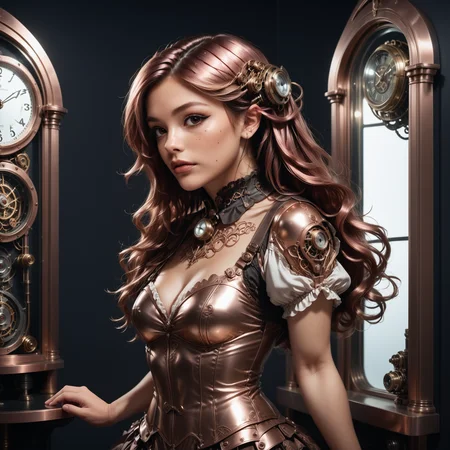 1 woman, upper body, dolleijSDXL01 <lora:DolleijSDXL01:0.9> wearing a haute couture steampunk dress made out of Jed-ANC <lora:ArtNouveauCopperStyle:0.8>,, posing cheekily infront of a mirror made out of Jed-ANC, <lora:SDXLFaeTastic2400:0.4> (((masterpiece))) , (((best quality))) , 2d, (adorable 1girl, solo:1.3) , her hair is Intricate, Smartwatch, simple background, Simple and clean, Satisfying, Animecore, studio lighting, Magenta color grading, theatrical, holy, vibrant, atmosphere, luxurious, dynamic dramatic composition, play of light and shadow by reij-shdwgms <lora:reij-shadowgames-000006:0.75>