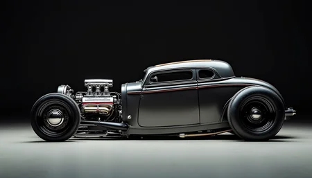 A picture of a retro Rat Rod prototype with a huge blower  similar to a Ford Model T yfg-sde in a dark studio. Perpendicular shot from the side.
